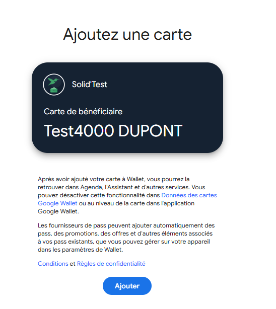 Ajout de la carte bénéficiaire à Google Wallet