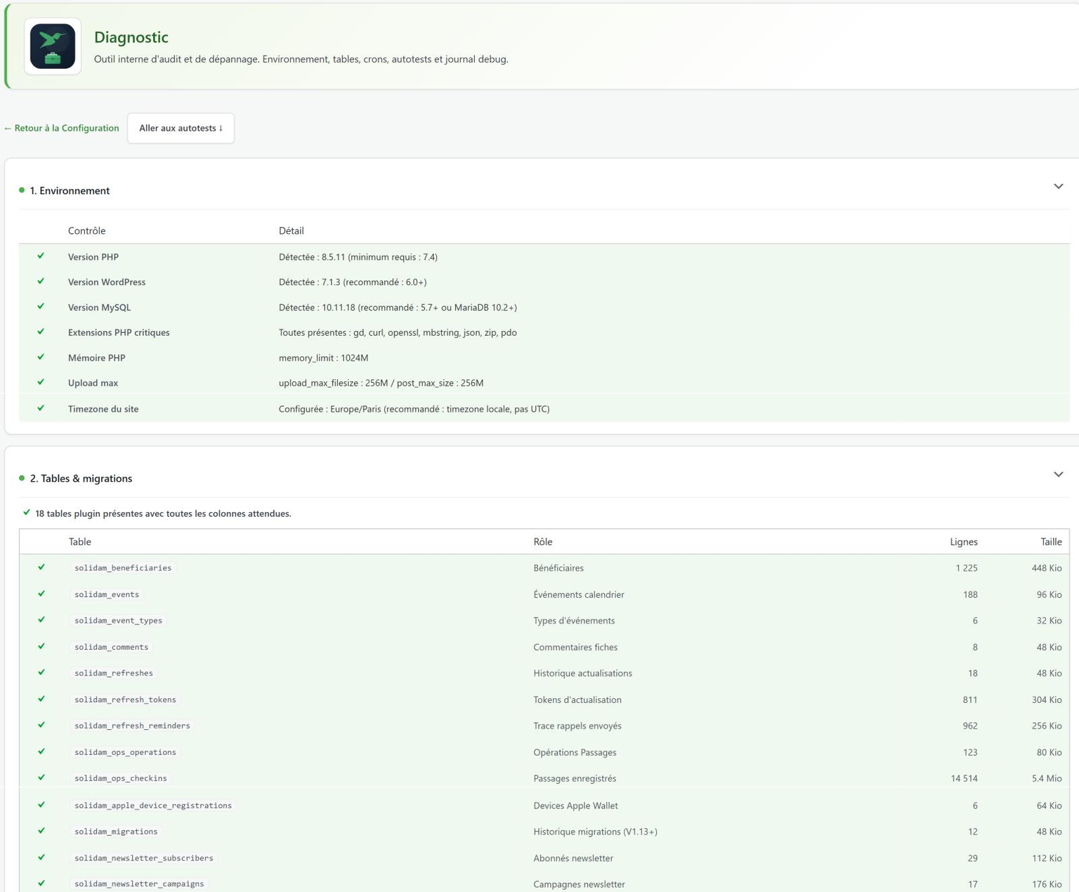 Écran Diagnostic du back-office : autotests de l'installation et des services
