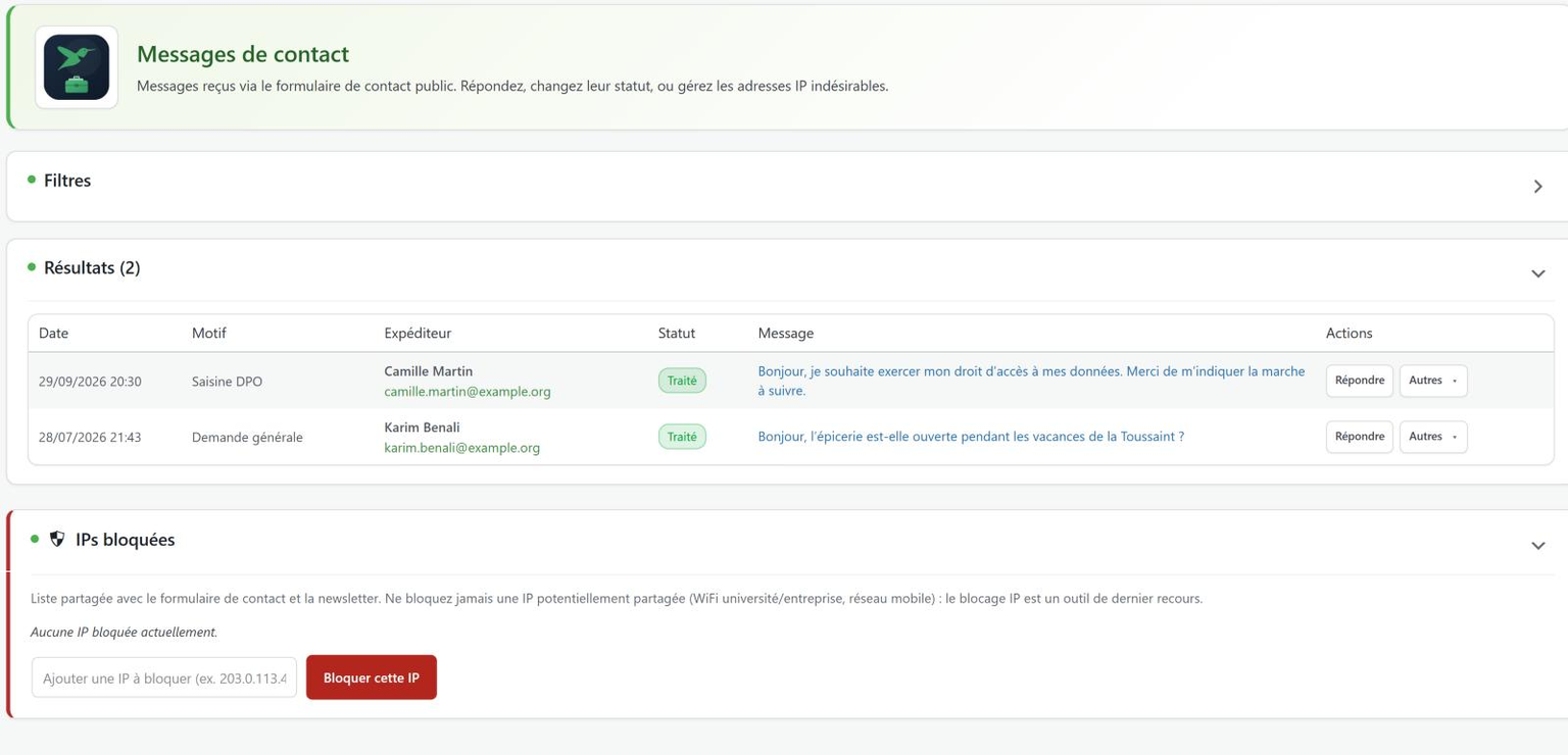 Écran Messages du back-office : messages reçus par le formulaire de contact